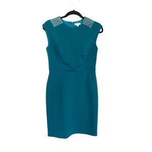 Shoshanna Teal Forest Green Career Dress Leather Sleeves Size 4